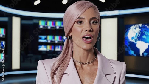 Seamless Loop video of Stylish blonde presenter with jewelry hosting live broadcast from newsroom,Generative AI