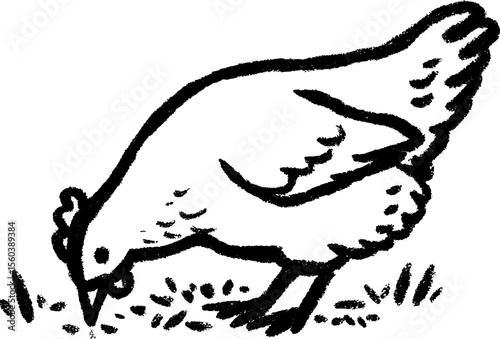 Sketch of hen pecking at ground with bold black lines for rustic farm design