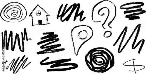 Hand-drawn sketch of home and search icons with textured black crayon marks