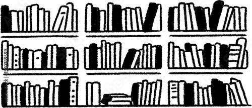 Home library sketch with tall bookshelves and stacked books