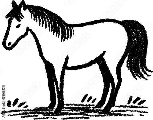 Sketch of a horse in profile with detailed tail for art and design
