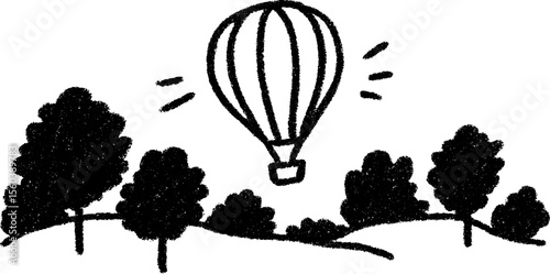 Whimsical sketch of hot air balloon floating above scenic trees - ideal for creative designs