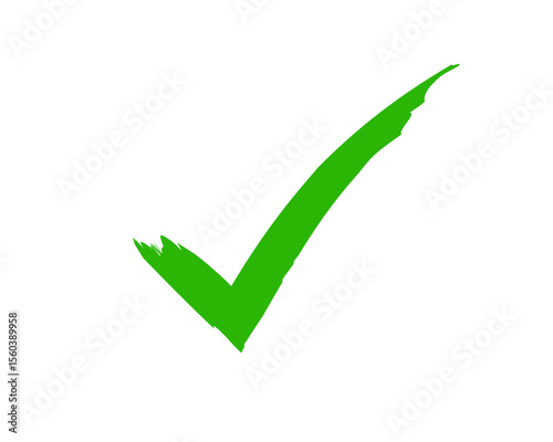 A bold, hand-drawn green check mark with a brush stroke texture, signifying approval, correctness, or completion on a white background.