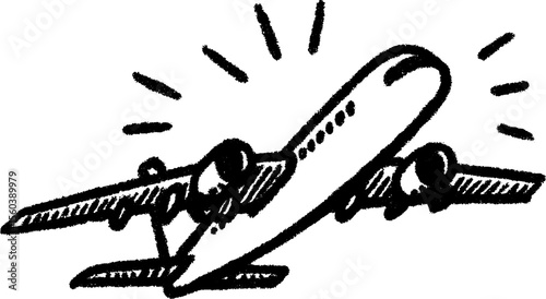 Dynamic jet airplane view from below in black sketch style