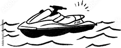 Hand-drawn sketch of jet ski on shoreline with gentle waves