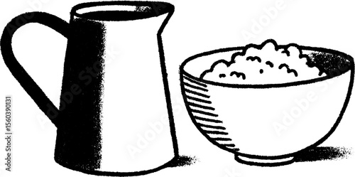 Hand drawn sketch of cream jug and butter bowl for kitchen decor