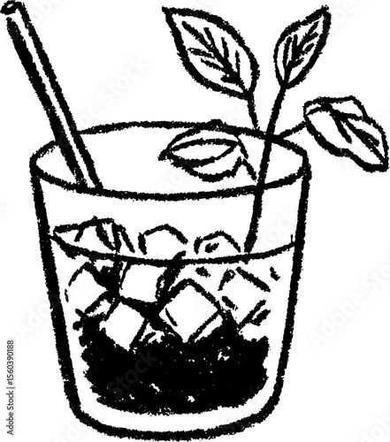 Sketch of a refreshing juice glass with crushed ice and mint leaves