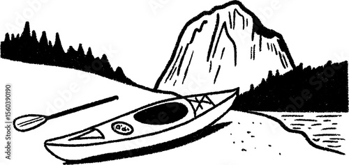 Kayak on sandy shore beside paddle with mountain view for outdoor adventure design