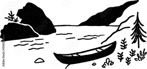 Serene kayak beside riverbank with scenic landscape drawing