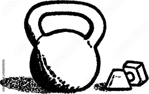 Hand drawn kettlebell on gym floor with chalk texture for fitness design