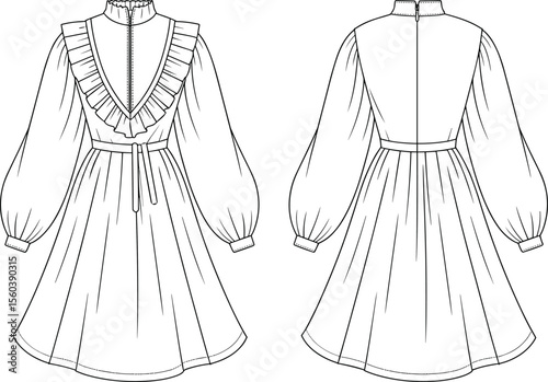 CAD drawing flat vector illustration of ruffle dress, front and back views, puff sleeves, gathered neckline, tie waist, garment layout, vintage fashion sketch, apparel design template