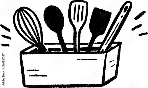 Kitchen utensils in drawer - hand-drawn sketch with ladles and spatulas design