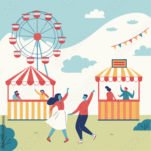 People enjoying a fun day at a carnival with ferris wheel and entertainment