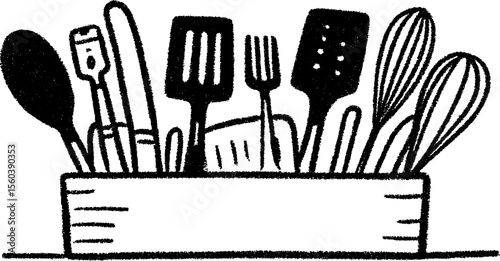 Kitchen utensils in drawer sketch - design for home decor and culinary art