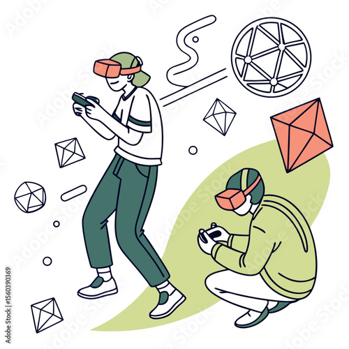 People experiencing virtual reality using vr headsets and playing games illustration