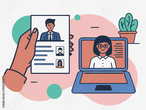Remote interview and resume review illustration on white background with modern design
