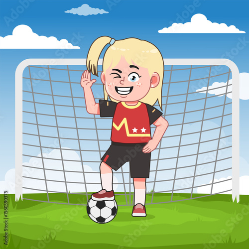 Cute Blonde Girl Cartoon Character Playing Football Pose