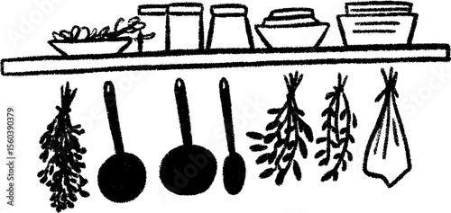 Artistic kitchen shelf with hanging ladles and herbs for rustic home decor