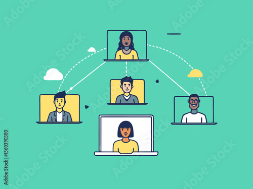 Remote team meeting illustration depicting online collaboration with people on laptops