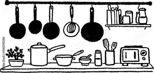 Hand drawn kitchenette sketch with small appliances and utensils for design