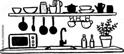 Hand drawn sketch of a cozy kitchenette with small appliances and utensils