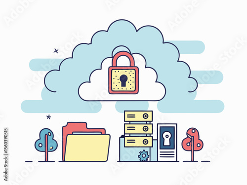 Secure cloud data storage and technology protection with illustration on white background