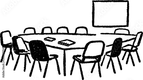 Sketch of language tutor classroom with oval table and chairs