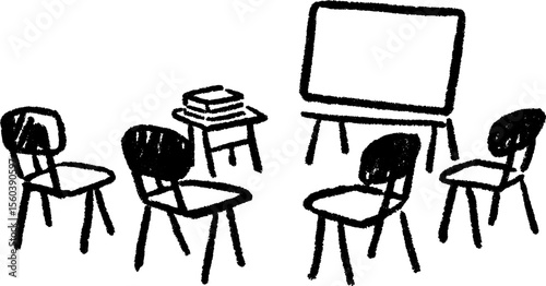 Classroom setting with chairs, table, and whiteboard for language learning