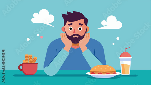 A man crying or showing signs of distress while on a restrictive diet struggling with intense cravings and feelings of deprivation.. Vector illustration