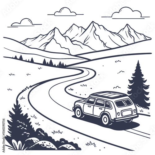 Vector illustration of a car driving through the mountains on a scenic road