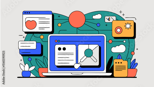 Creative digital marketing concept with abstract icons representing online engagement and content