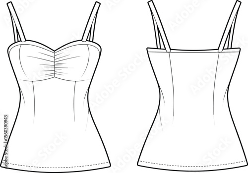 CAD drawing flat vector illustration of fitted sleeveless top, gathered bust detail, front and back views, fashion design sketch, technical garment template, stylish apparel layout