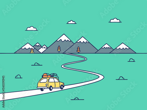 Yellow car traveling scenic road towards mountains outdoors adventure concept