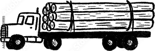 Hand drawn sketch of log transport truck with tied down timber for industrial design