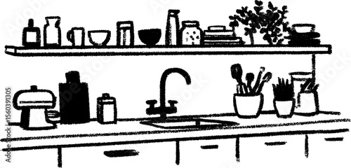 Black bold pencil sketch of a long galley kitchen with contemporary design elements