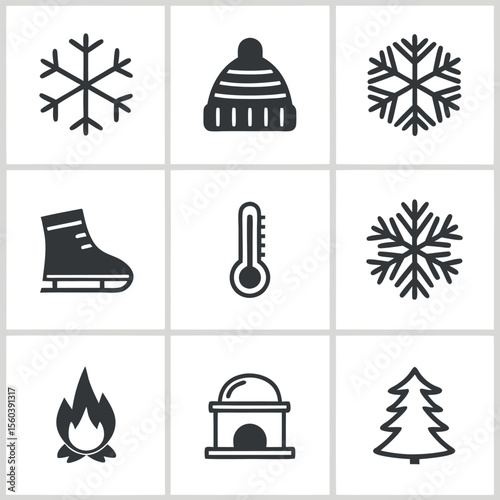 Collection of winter season icons including snowflakes beanie ice skate thermometer isolated on white background