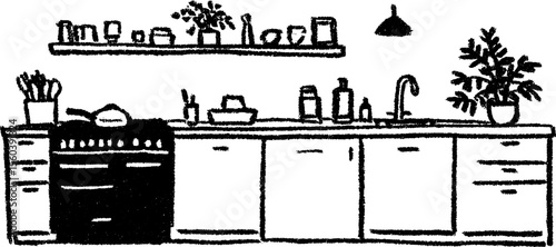 Modern galley kitchen design in bold black pencil sketch for home interiors