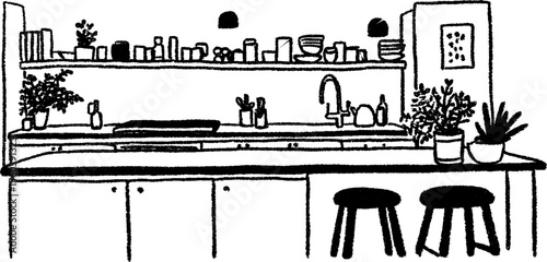 Bold pencil sketch of long galley kitchen design featuring counters and shelves