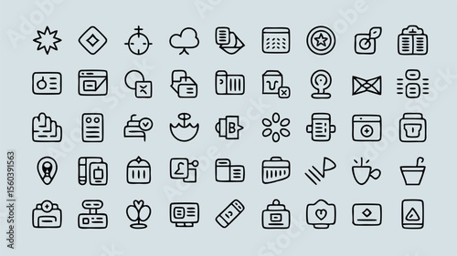 Collection of minimalistic line icons representing various everyday objects and activities for