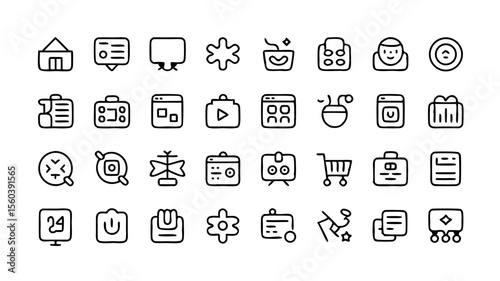 Collection of minimalistic line icons representing various digital and social media functions and