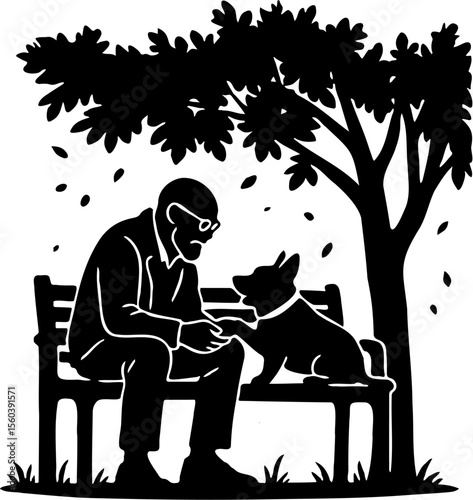 vector illustration silhouette of grandfather and his dog sitting on a chair in a park