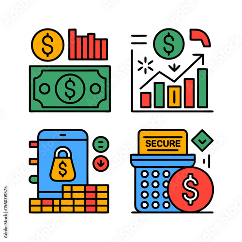 Financial growth analysis and secure digital banking icons representing investment and savings