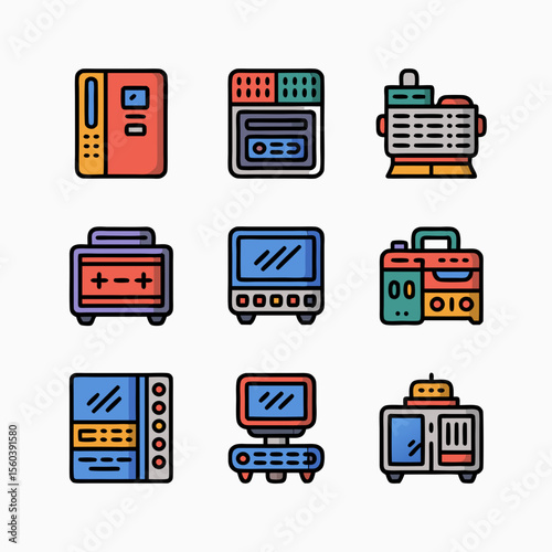 Collection of retro electronic devices and gadgets with colorful designs suitable for technology