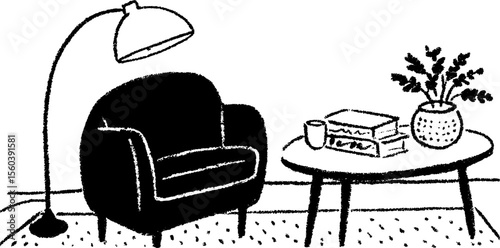 Cozy lounge with modular seating and floor lamp sketch for interior design