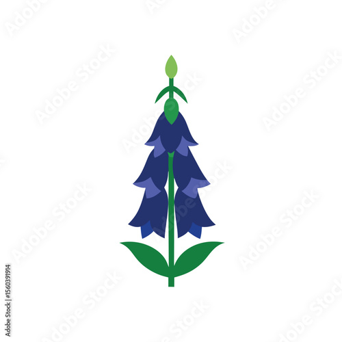 Stylised bluebell flower illustration with green stem and leaves on white background
