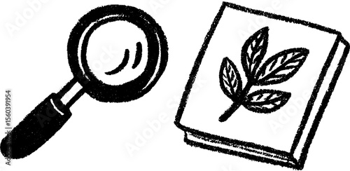 Hand drawn sketch of magnifying glass and notebook with leaf design for educational concepts