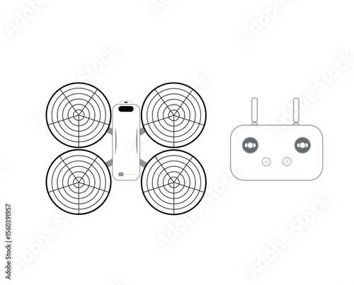A top-down line illustration of a drone with propeller guards and a remote controller.