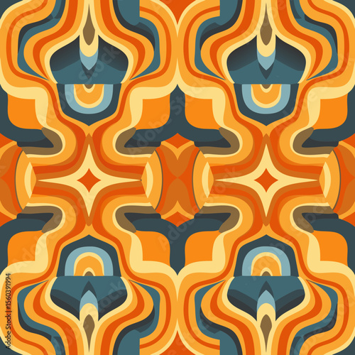 Retro psychedelic abstract pattern with warm hues and symmetrical design perfect for