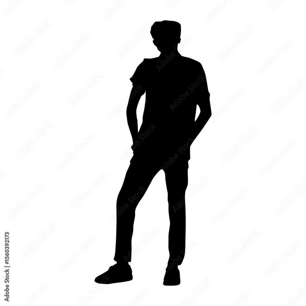 Fototapeta premium Full-length silhouette of a man standing with hands in his pockets, isolated on a white background.