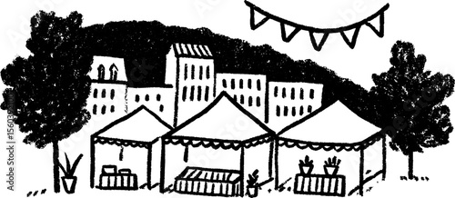 Hand-drawn market square scene with stalls and awnings